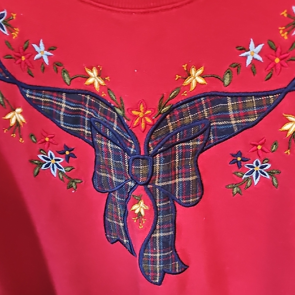 Alfred Dunner Red Embroidered Plaid Bow Sweater Vintage - Picture 3 of 4